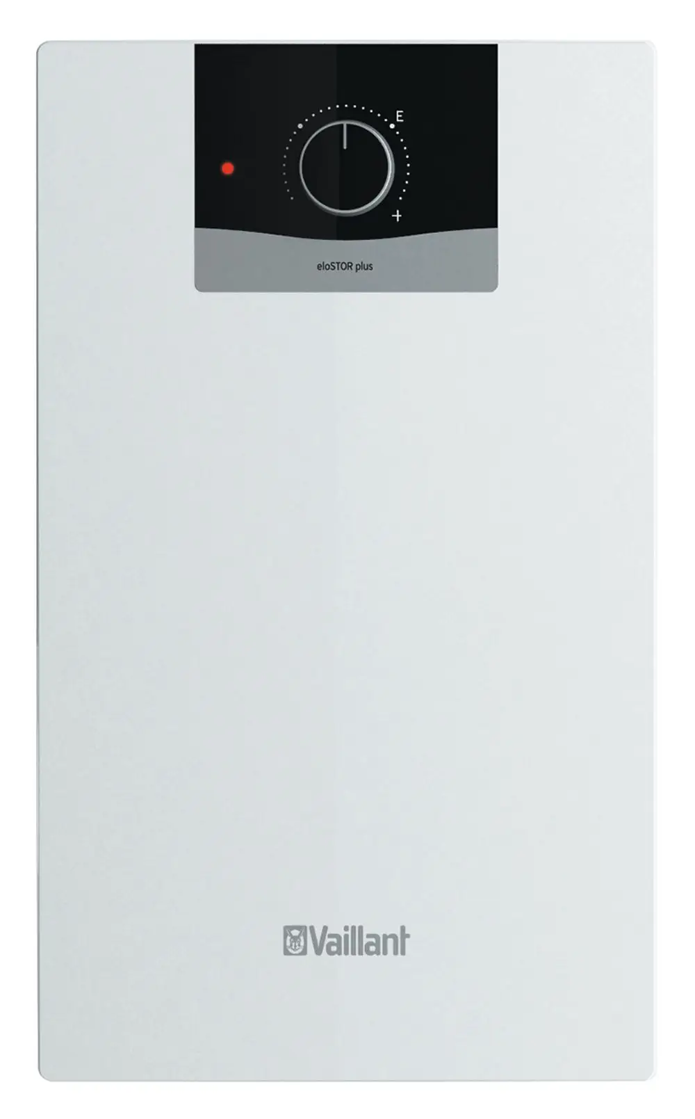 Weißer Vaillant Elektro-Speicher mit einem Bedienfeld oben, bestehend aus einem Drehregler und einer Kontrollleuchte zur Temperaturregelung.